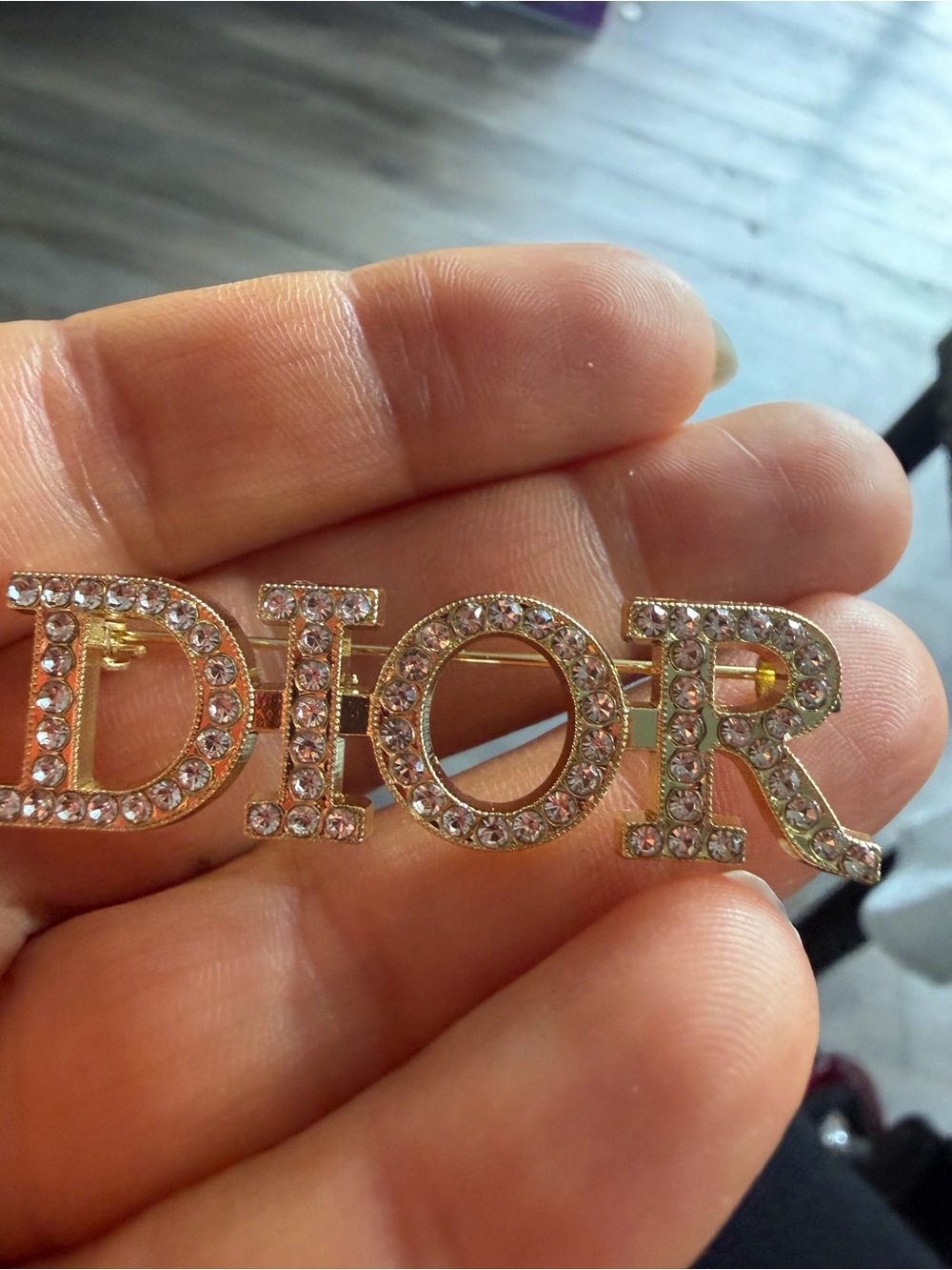 Crystal Fashion Gold-Tone Lettering Brooch - Clear Crystal Accent